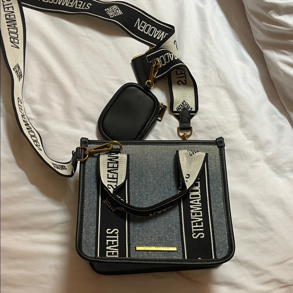 Steve Madden Black and Denim Logo Crossbody Bag with Strap Pouch